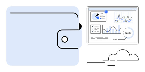 Closed wallet paired with data analytics dashboard showing charts, graphs, and progress metrics. Ideal for finance, digital economy, data analysis, business growth, savings, investment online