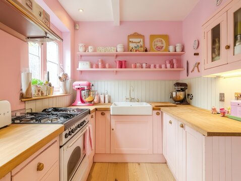 A pink kitchen interior featuring appliances and various cooking implements