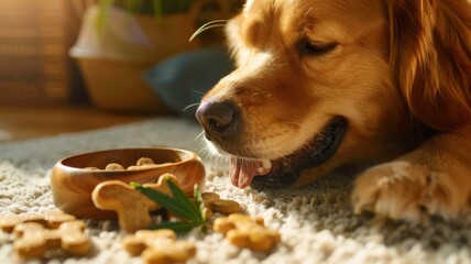 Happy dog enjoying cbd treats on national cbd day at home ,National Pet CBD Day