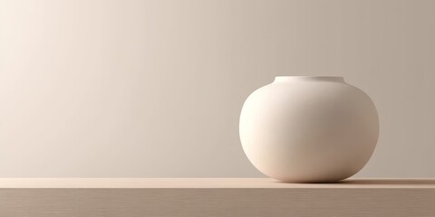 A minimalist white vase is elegantly placed on a light wooden shelf, enhancing the tranquil and stylish atmosphere of the contemporary interior design