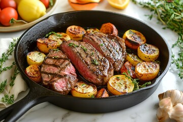 Juicy Grilled Strip Steaks Sizzling in Cast Iron Pan with Roasted Yellow Squash and Thyme Aromatic Herbs Delicious Gourmet Food Photography meat beef 
