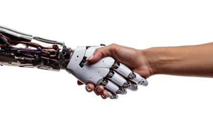 Handshake Between Human and Cyborg Mechanic AI Hand Isolated on White Background – A Symbolic Representation of Human-Machine Collaboration and Advanced Technology.


