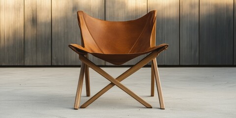 Elegant Brown Leather Folding Chair Against Wooden Wall