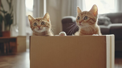 Two curious cats sitting on top of a large cardboard box in a modern living space, reflecting their interest in a new environment or object introduced to their home.