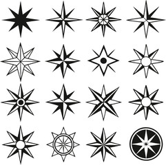 Set of Black Star and Compass Rose Icons vector