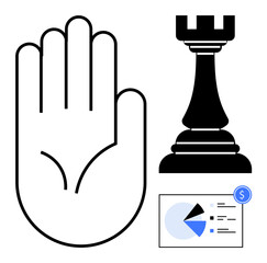 Open palm, chess rook symbolizing strategy, and financial chart suggest decision-making, protection, and analysis. Ideal for teamwork, leadership, finance, security strategy negotiation planning