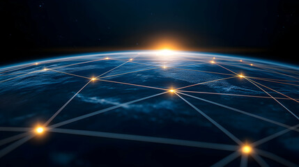 A stunning aerial view of Earth at dawn, with illuminated network connections symbolizing global communication and technology. Perfect for themes of innovation and connectivity.