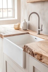 The kitchen showcases a modern farmhouse design with a stylish white sink, natural wood countertop, and minimalist decor that enhances warmth and functionality