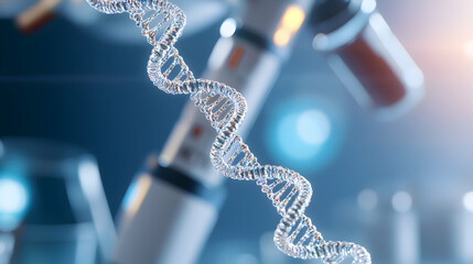 A captivating close-up of DNA helix structure with a laboratory microscope in the background, symbolizing advanced genetic research and innovation in biotechnology.