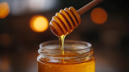 Drizzle of golden honey streaming off a wooden dipper into a clear jar the amber hue catching warm highlights under a cozy glow