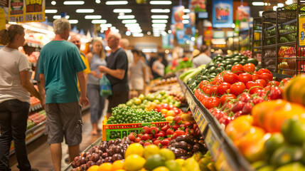 Obraz premium Vibrant Supermarket Aisle Brimming with Fresh Produce and Engaged Shoppers