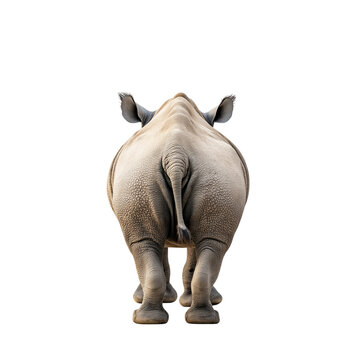 A back view of a rhinoceros walking across the savannah on a white solid background