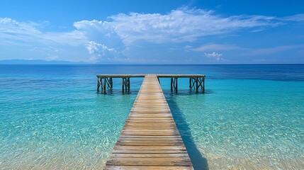 Fototapeta premium Wooden pier extending into the ocean under a blue sky with white clouds