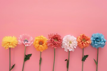 Top view of colorful flowers arranged in row on pink background, Ai generated