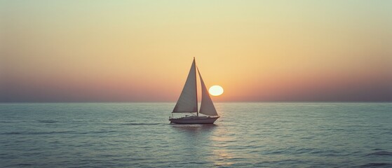 A lone sailboat navigates the calm sea at dusk, blending serenity and solitude as the vibrant sun dips below the horizon.