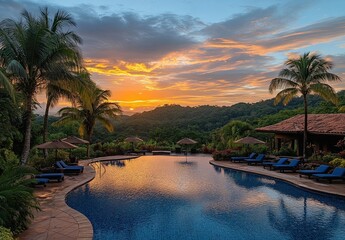 A beautiful swimming pool at sunset in the center
