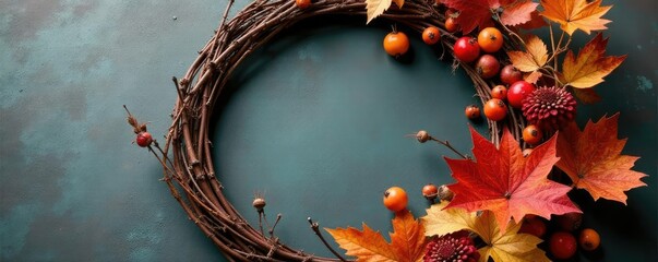 Rustic metal wreath adorned with dried flowers and twigs in autumn colors, autumnal embellishments, natural elements