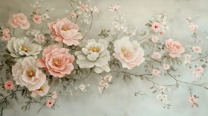 A beautiful wallpaper with pink and white flowers, hand-painted, with a light background