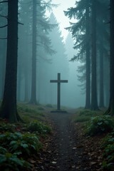 Dense mist envelops a wooden cross in a forest clearing, solitude, forest