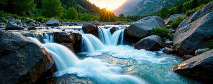 Cascading water over rocks in a mountainous area at Chilik river, flow, waterfall