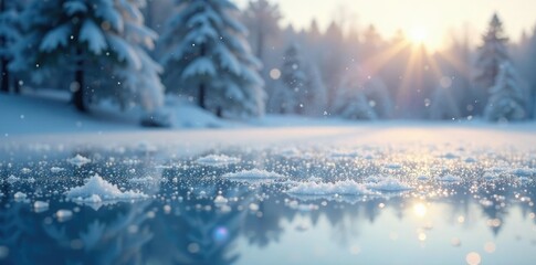 Dense snowflakes falling gently on frozen lake, frosty morning, frozen lake, icy surface