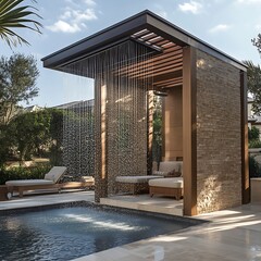 Luxurious outdoor cabana with waterfall pool and elegant lounge chairs high resolution picture