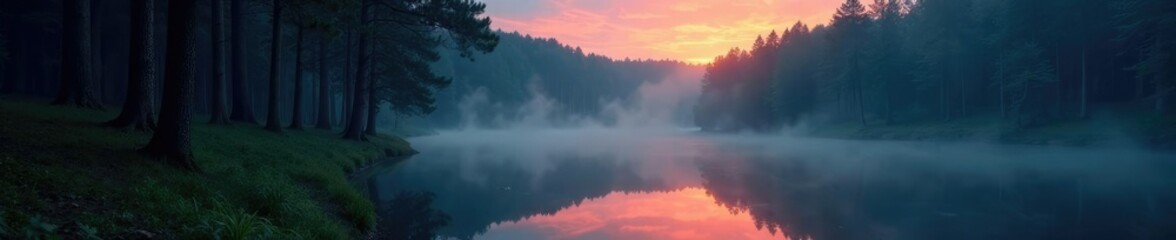 Fototapeta premium Misty forest along the darkening Elbe riverbank, twilight, reflection