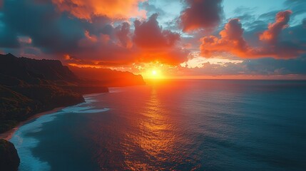 Fiery sunset over coastal cliffs and ocean