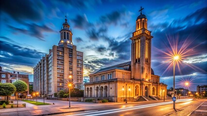 Fototapeta premium Le Havre, France: Night View of St. Joseph Church & Lantern Tower, Modern Concrete Architecture, 1957