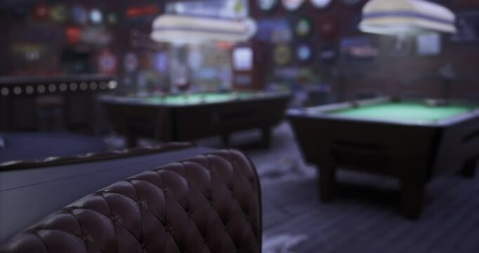 Leather seating provides comfort in a lively pool hall. The atmosphere is energetic with vibrant lights reflecting off several green billiard tables.