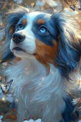 Naklejka premium A painting of a dog with blue eyes and butterflies