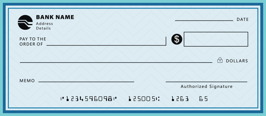 Blank money cheque. Bank check. Blue Check book template with pattern and empty fields. Currency payment coupon, US dollar check background.