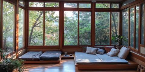 Fototapeta premium A room with large windows overlooking a lush green view