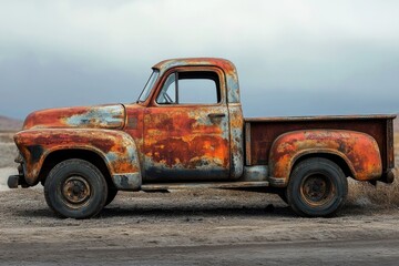 Fototapeta premium Rusty vintage pickup truck, weathered and worn, sits alone in a desolate landscape.