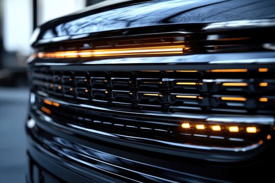 Close-up of a sleek, black car's illuminated grille showcasing modern automotive design.