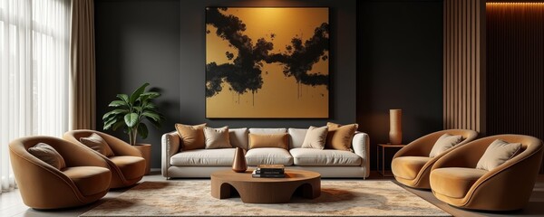 Stylish modern living room featuring elegant furniture, warm tones, and artistic decor, ideal for showcasing contemporary interior design.