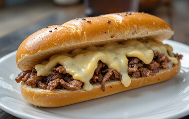 Philly Cheesesteak sandwich with finely chopped beef, melted cheddar cheese, and a creamy white sauce on a shiny, fresh long sandwich bun