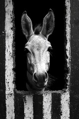 A black and white photo of a donkey looking out of a window