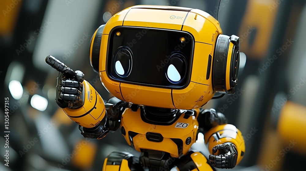 Poster yellow robot points with its finger indoors with industrial background