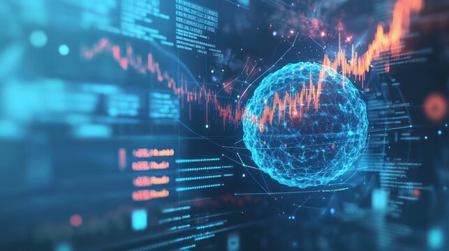 Abstract digital sphere over code and graphs. Stock photo of technology and data analysis