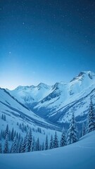 Fototapeta premium A serene and peaceful winter scene of snow-covered mountains under star-filled sky, Winter, Serene