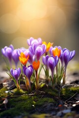 Beautiful crocuses blooming in a meadow at sunset, a sign of the beginning of spring