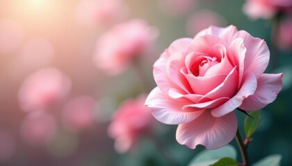 Soft pink rose blooms in an abstract, feathery-like background, soft focus, delicate
