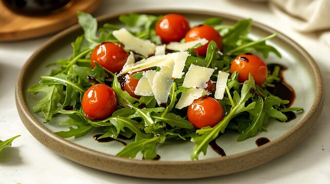 Fresh arugula salad with cherry tomatoes shaved parmesan and a drizzle of balsamic glaze elegantly arranged on a modern ceramic plate shot with soft natural lighting