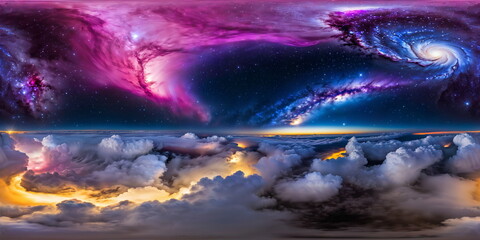 Full 360 degrees seamless spherical panorama HDRI equirectangular projection of a cosmic nebula above the night clouds. Texture environment map for lighting and reflection source rendering 3d scenes.