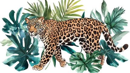 Naklejka premium Majestic leopard in vibrant green foliage of tropical jungle high resolution picture