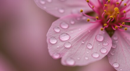 Fototapeta premium Close-up of Pink Flower Petals with Water Droplets and Yellow Stamens