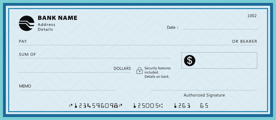 Blank money cheque. Bank check. Blue Check book template with pattern and empty fields. Currency payment coupon, US dollar check background.