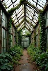 Fototapeta premium A serene view of an abandoned greenhouse, overgrown with lush greenery, capturing the beauty of nature reclaiming space. ideal for environmental and architectural themes.
