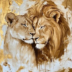 Majestic lion and lioness in golden tones embracing closely high resolution picture